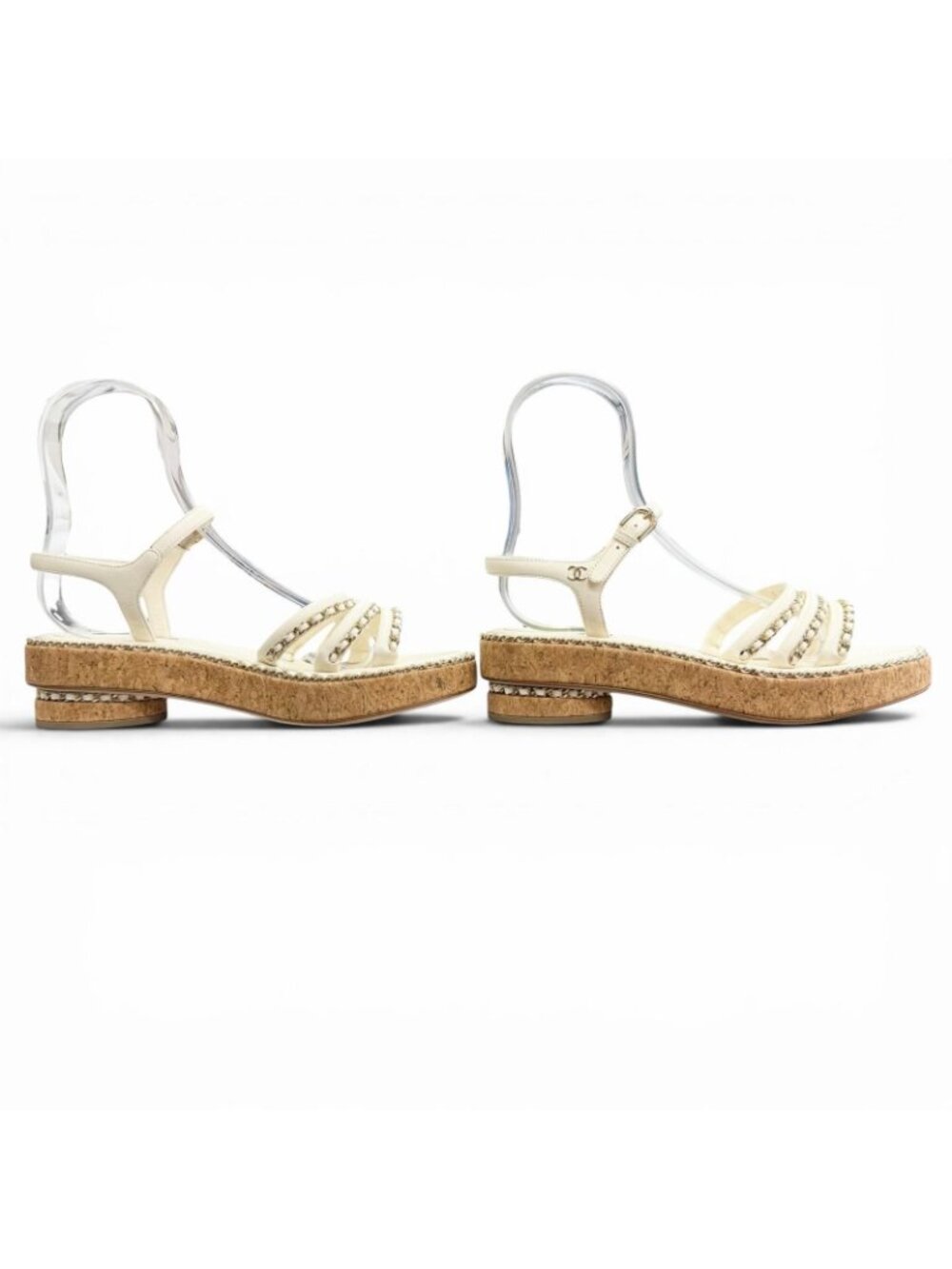 Chanel CC Logo Chain Strap Cork Sole Leather Sandals Ivory 38 Recommended - Picture 3 of 11